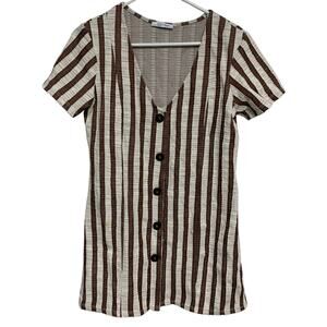Zara Trafaluc Women’s Brown White Striped V-Neck Cotton Blend Button Up Dress L